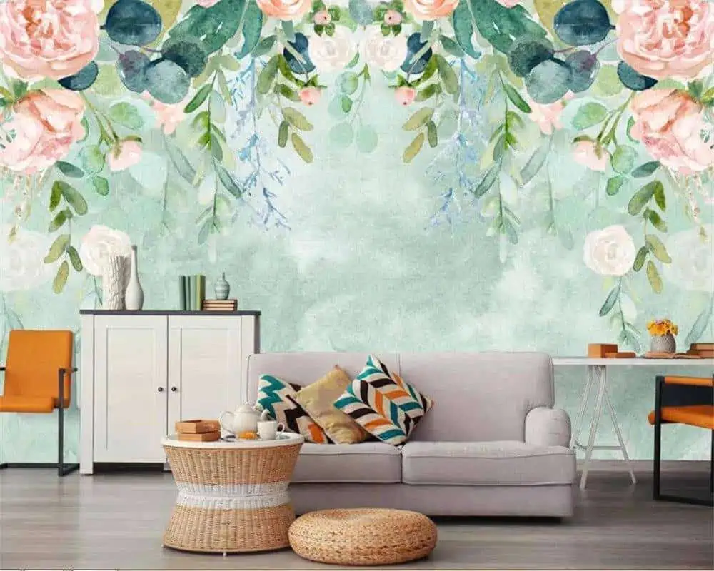 serene green wall sticker idea with sofa, white cabinet and a chair