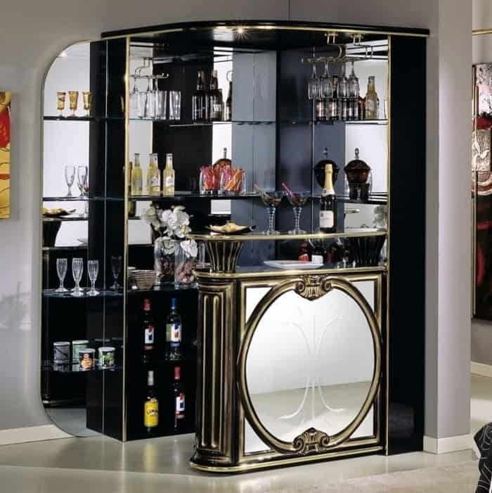 black wooden liquor counter with mirrors