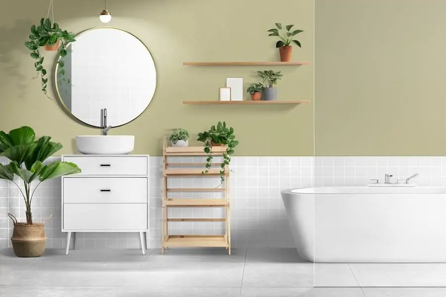 white washbasin with a sink in a bathroom with a mirror , tub and indoor plants