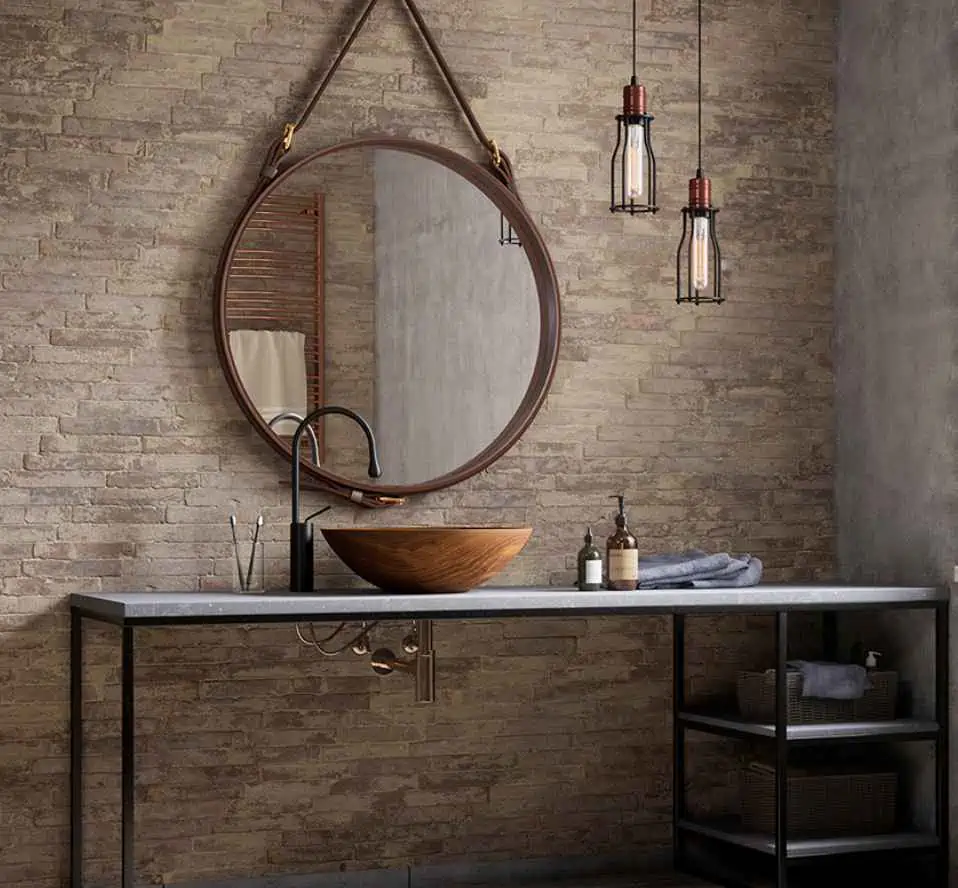 mirror with lamps with brown wooden washbasin