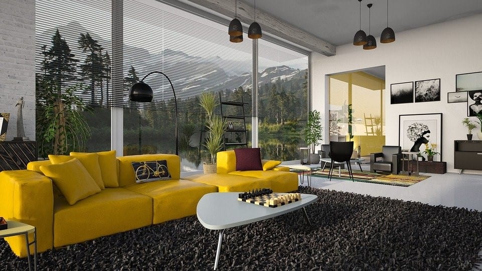 black carpet with yellow sofa in a home setting