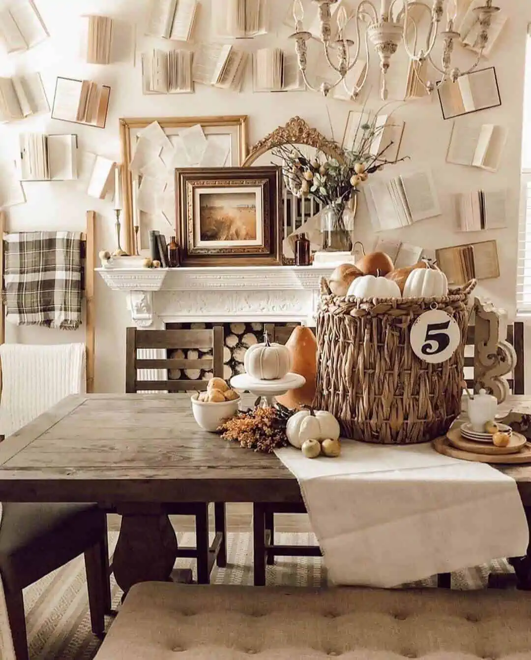 book wall with table, frames and brown basket paper craft ideas for wall decoration