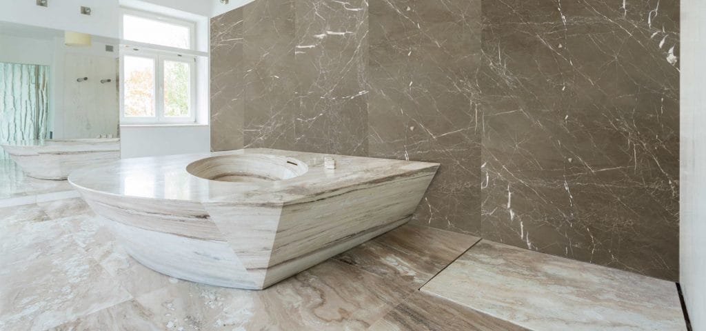 striking brown bathroom walls and floors