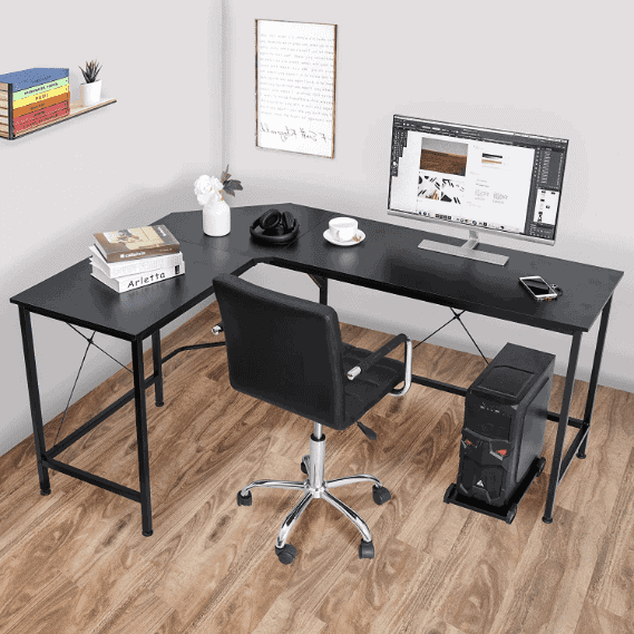 l-shaped black colour metal furniture for laptop, chair