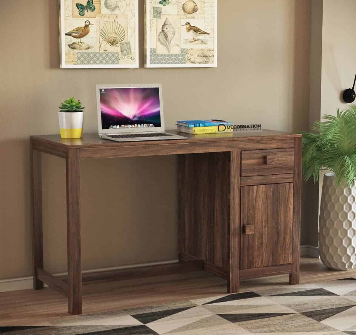 laptop, wooden computer desk top table design, indoor plants, room, brown colour