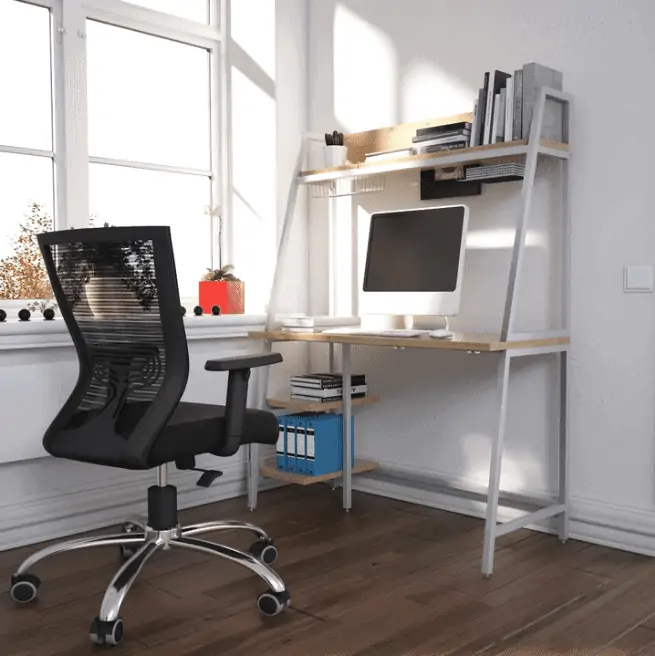 office desk with computer, office chair black, room corner