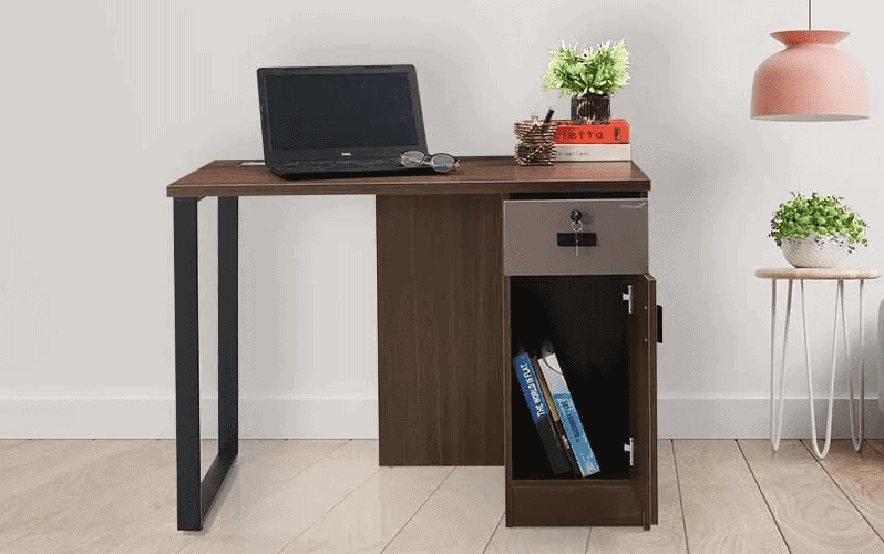 brown laptop table, small plants, room