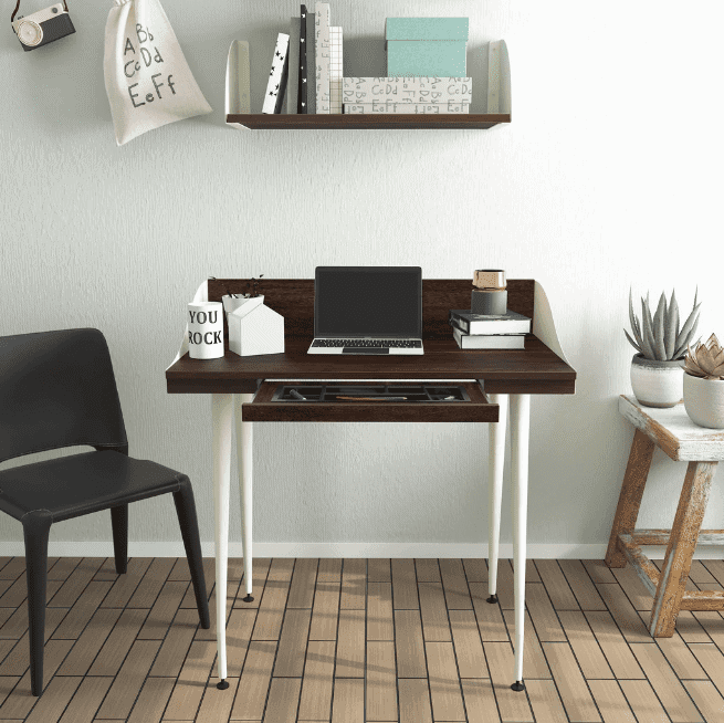 dark brown and white furniture, black chair, laptop, indoor plant, room