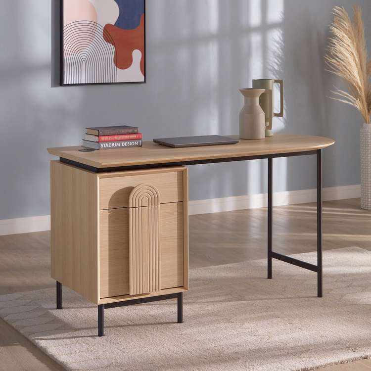 light wood desk, black legs, room