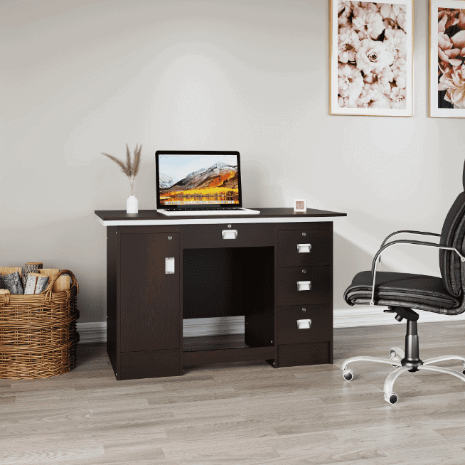 brown desk top computer table design, laptop, chair, room, dark brown