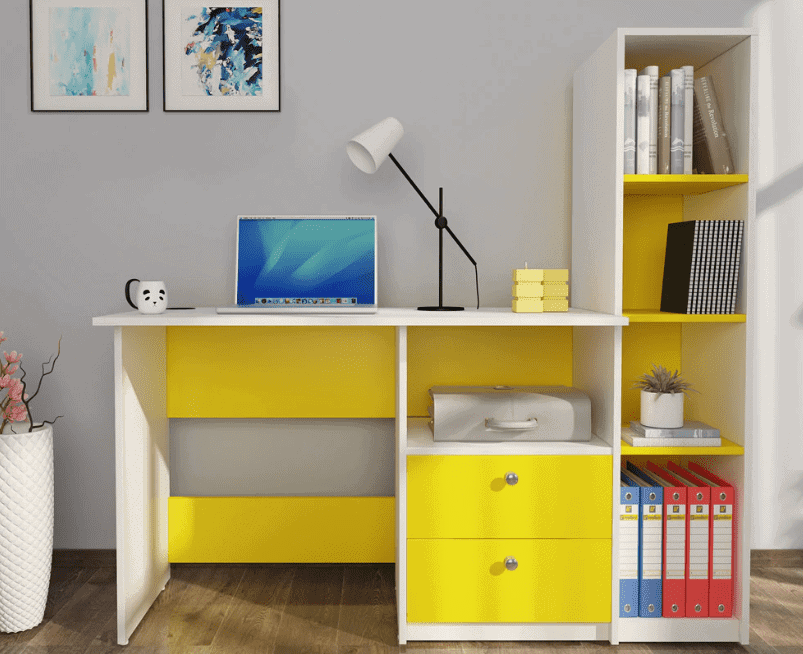 yellow and white furniture, laptop, light, room