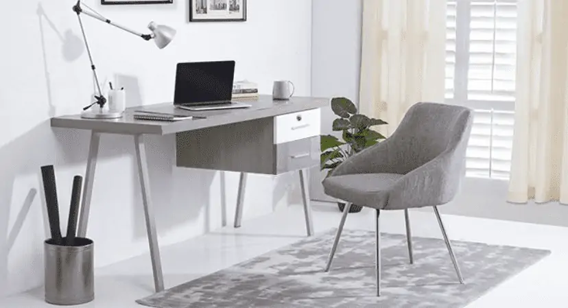 gray computer table top with laptop, gray chair, living room