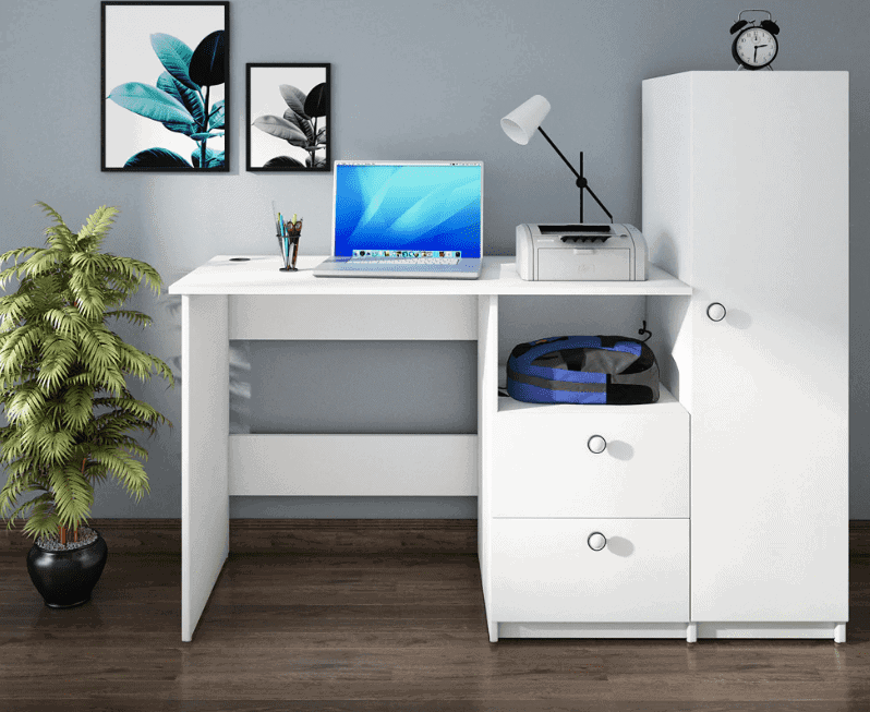 white computer table with drawers and cabinets, in a room