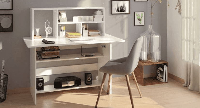 white desk for study and work, chair, living room