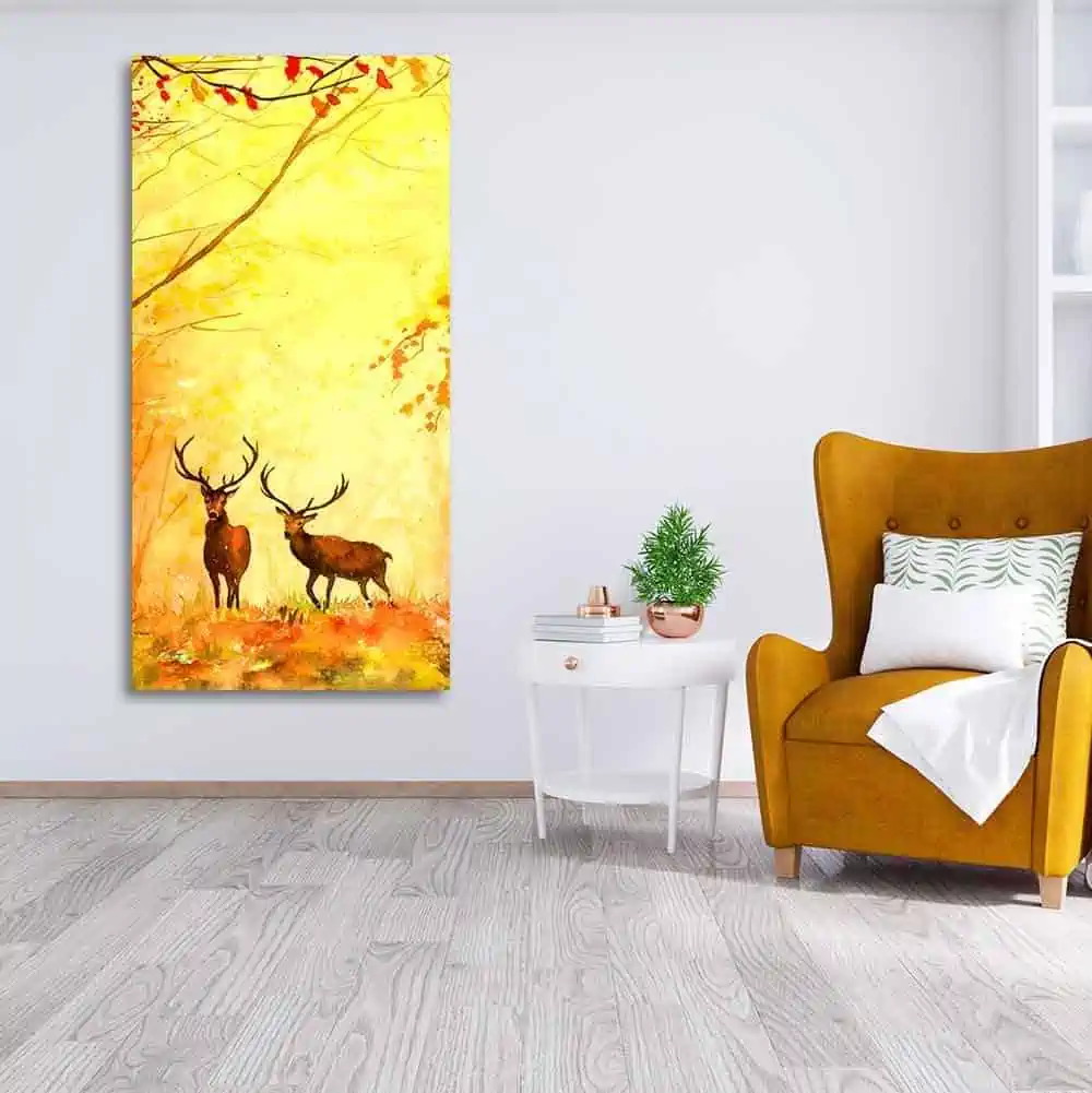 Deer in Autumn Forest Vertical Canvas Wall Painting