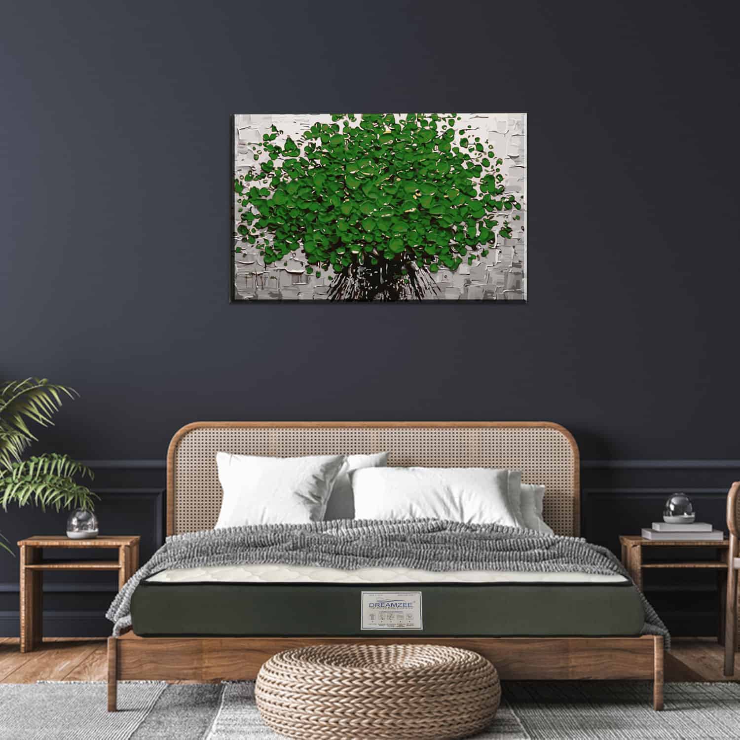 bedroom, wall photo, dark colured walls, bed, plant