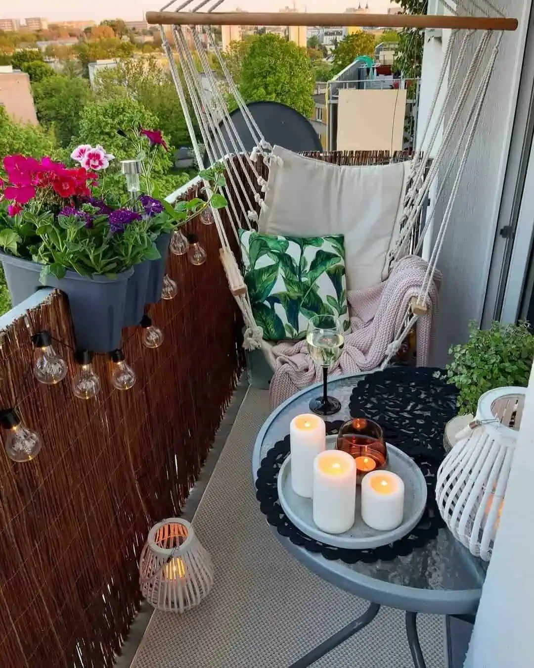 Brown rail balcony with a hammock decoration ideas