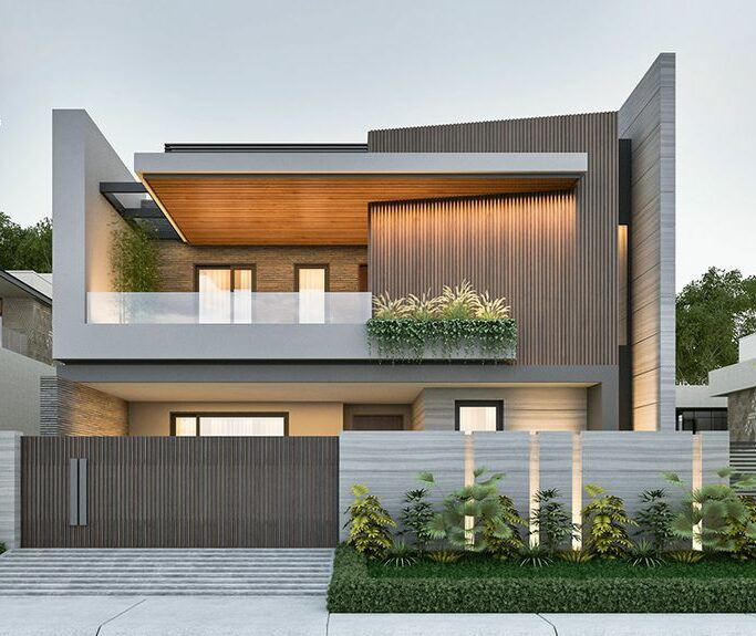 front elevation housing design with wood, wood accents, stylish exterior