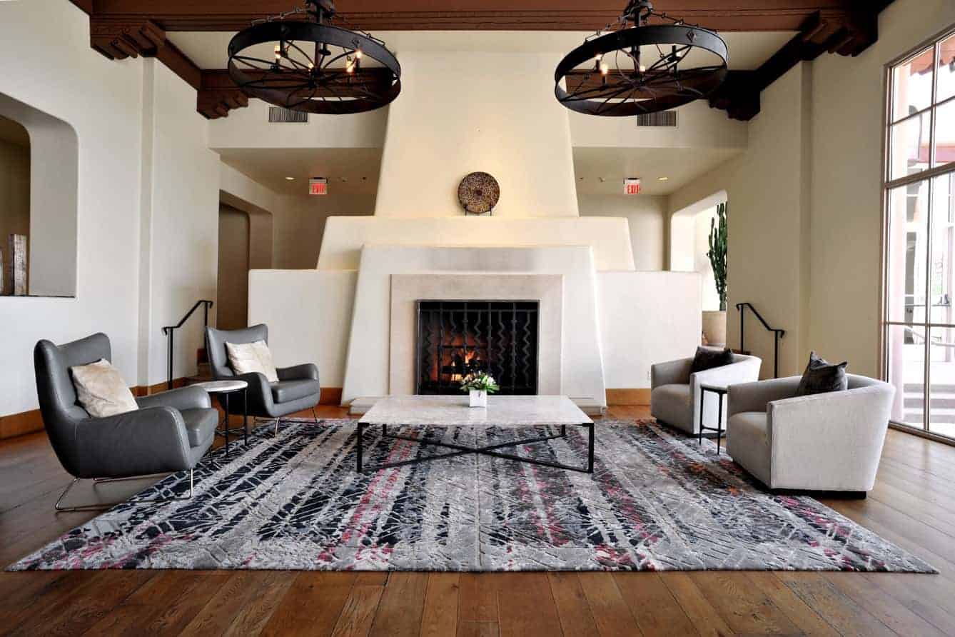 patterned rug in a living room in black and dark grey colour
