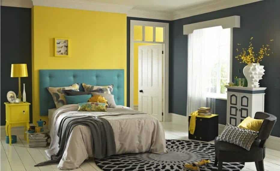 green and yellow bedroom interiors