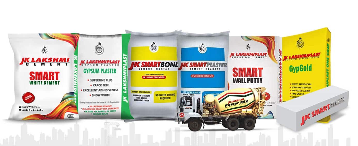 JK Lakshmi cement and its products set against a white background