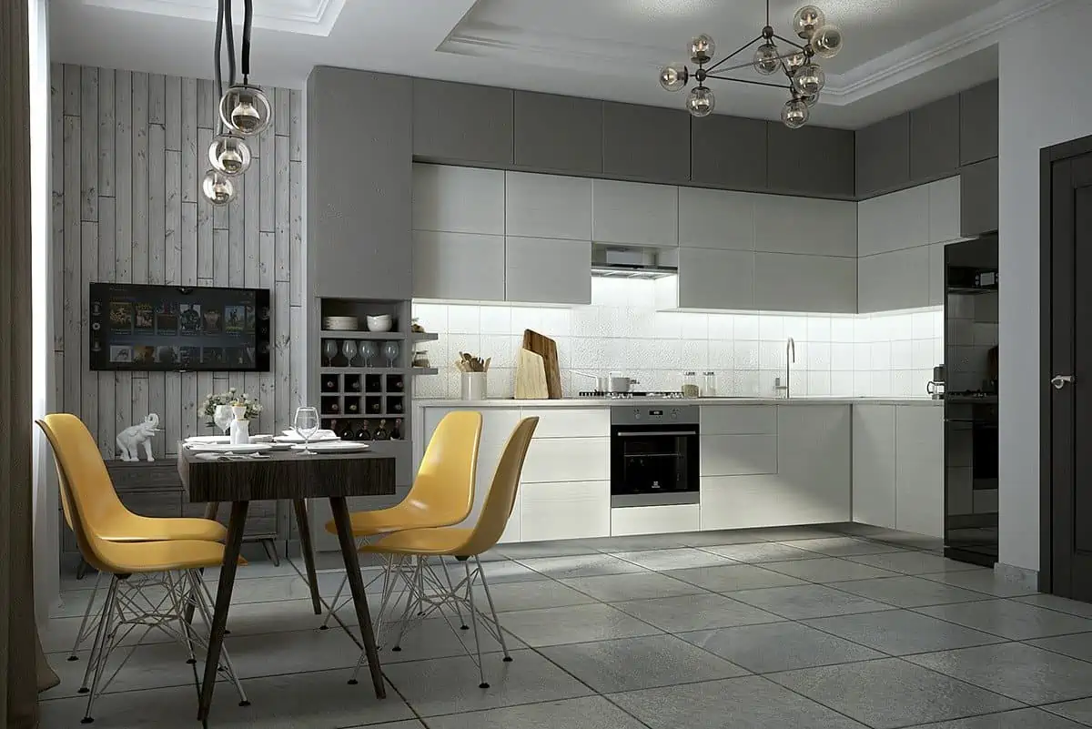 minimalistic kitchen with yellow chairs ,ceiling lights and an oven