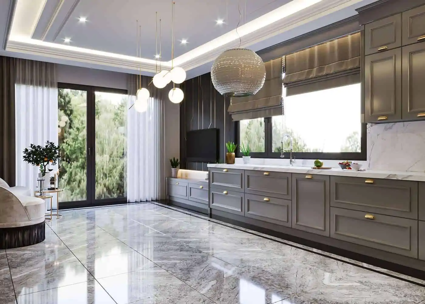 minimalistic kitchen with marble floors and brown cabinets and ceiling lights