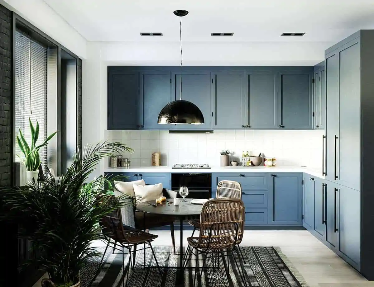 blue kitchen interiors with rattan dining set and a lamp