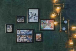stunning wall decoration with pictures and bulbs on a green wall ideas for wall decoration in living room