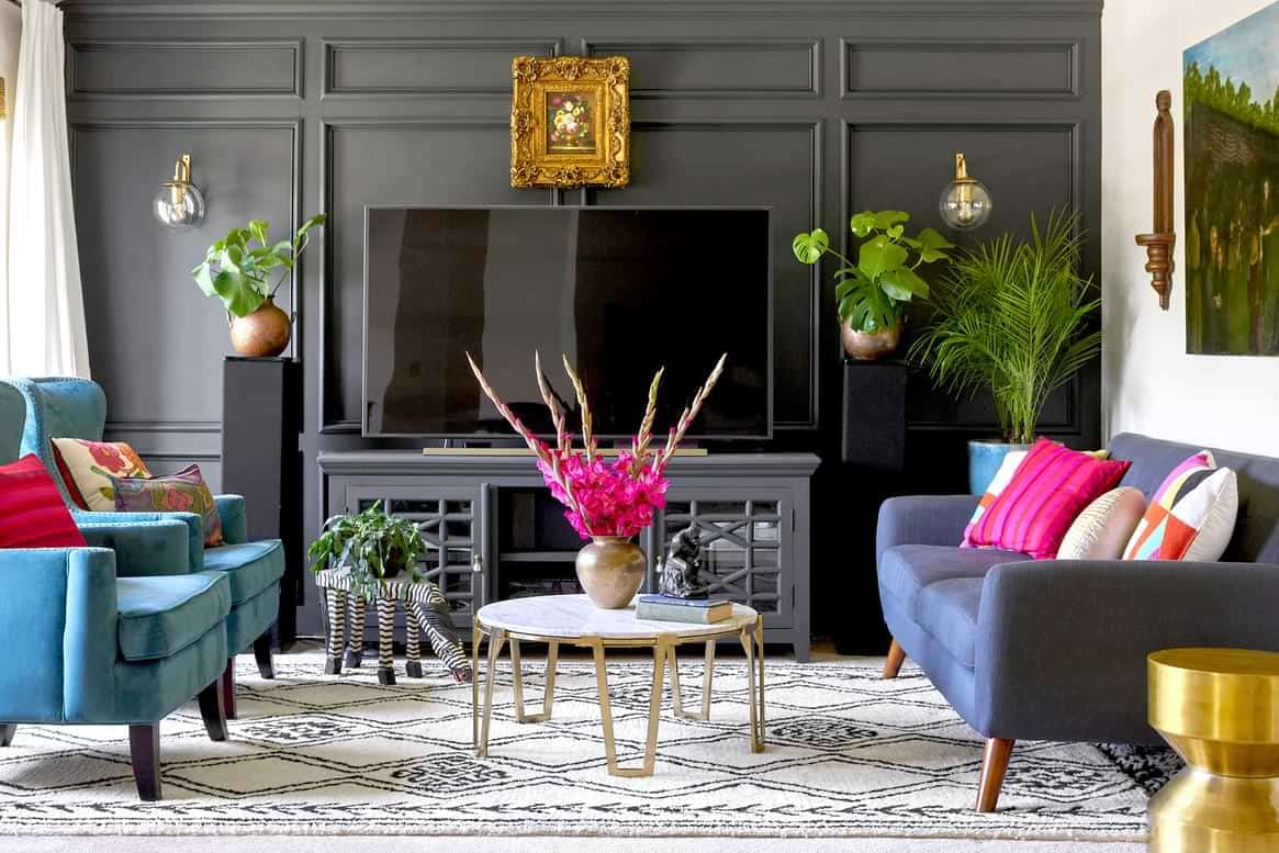 living room with grey wall and TV unit cabinet 