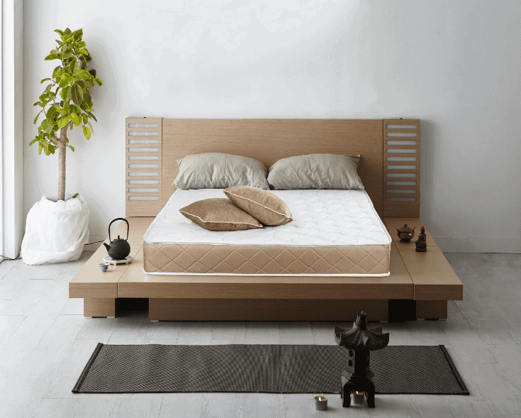 beroom, bed, indoor plant, white mattress from the best brands, pillows, rug