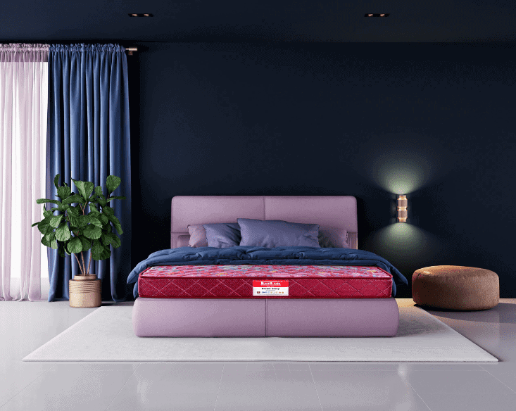 bedroom with dark walls, curtains, bed with pillows, red mattress from a top brand