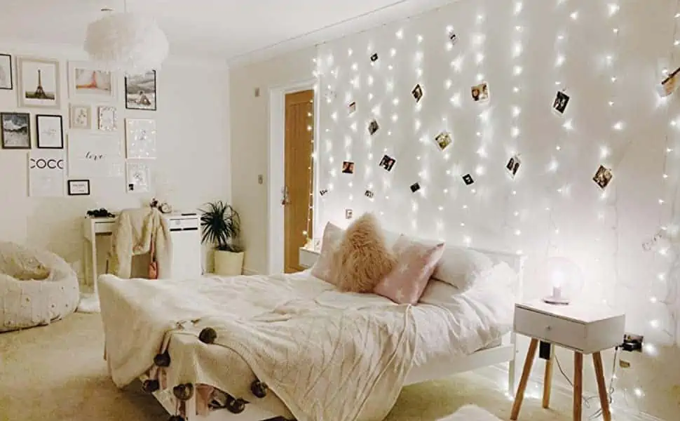 white lights in a bedroom in monochromatic white