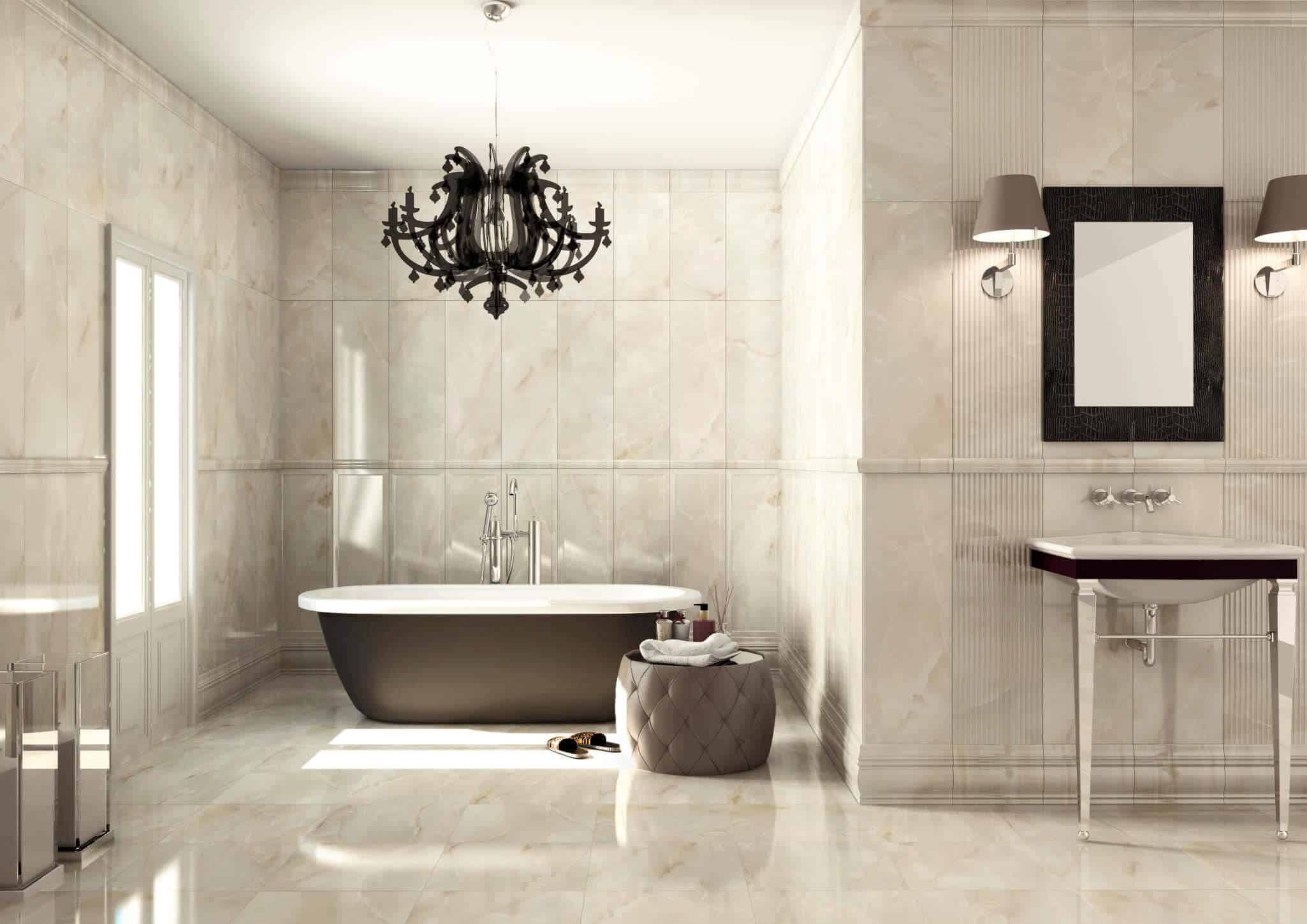 stunning bathroom interiors in Italian marble for counters and design flooring in beige colour with a bath tub