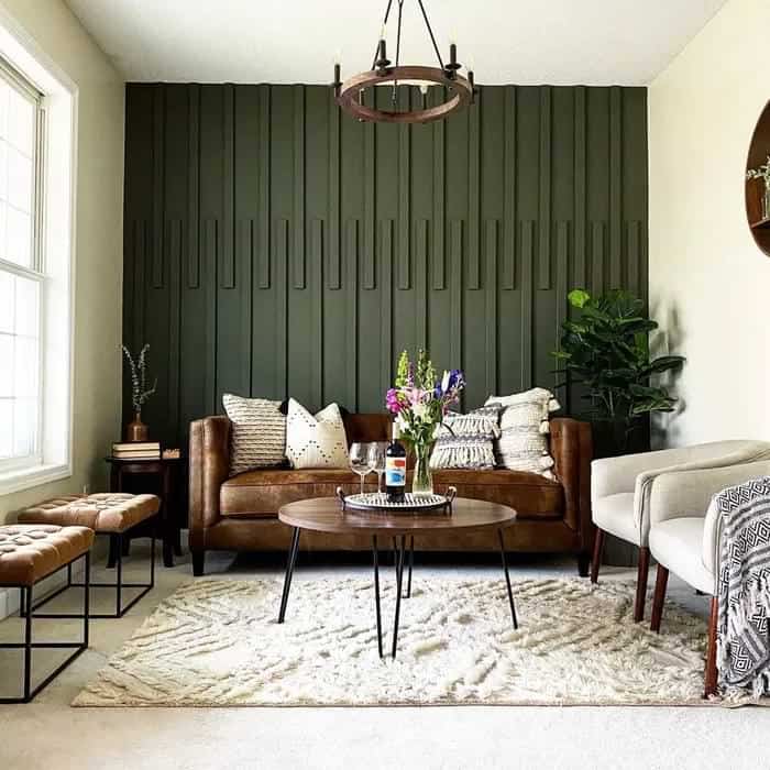 Great living room decoration idea with green colour accent wall for small space interior design