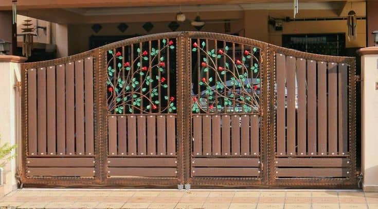 brown metal main gate with flower designs