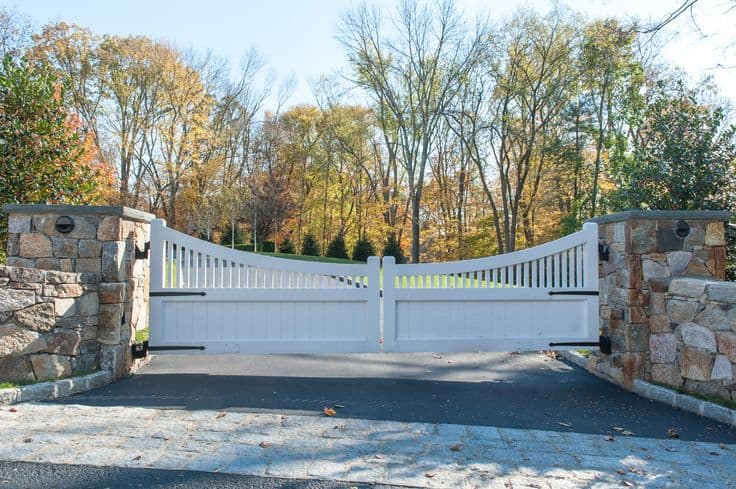 white gate, trees, outdoor environment