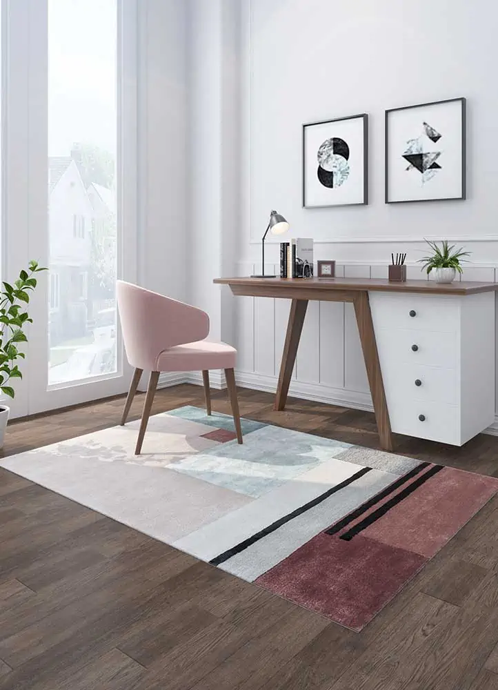 study room with white, red and black coloured carpet and a study table