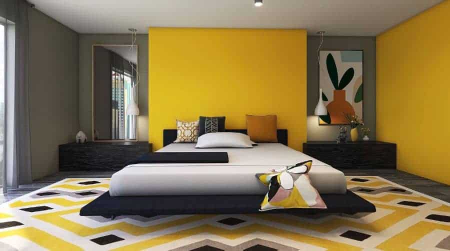 grey and mustard bedroom colour