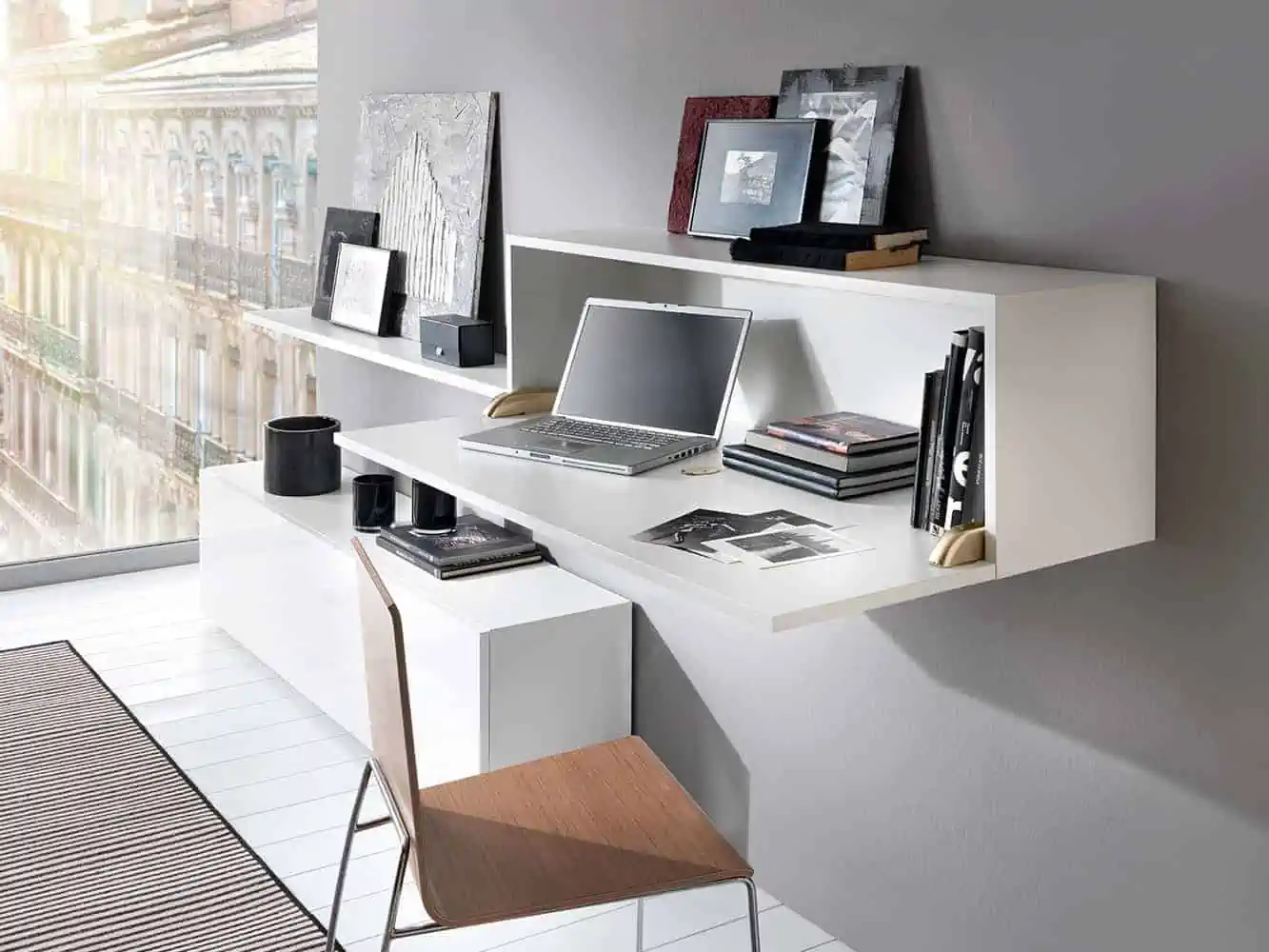 a designer work desk with flap door