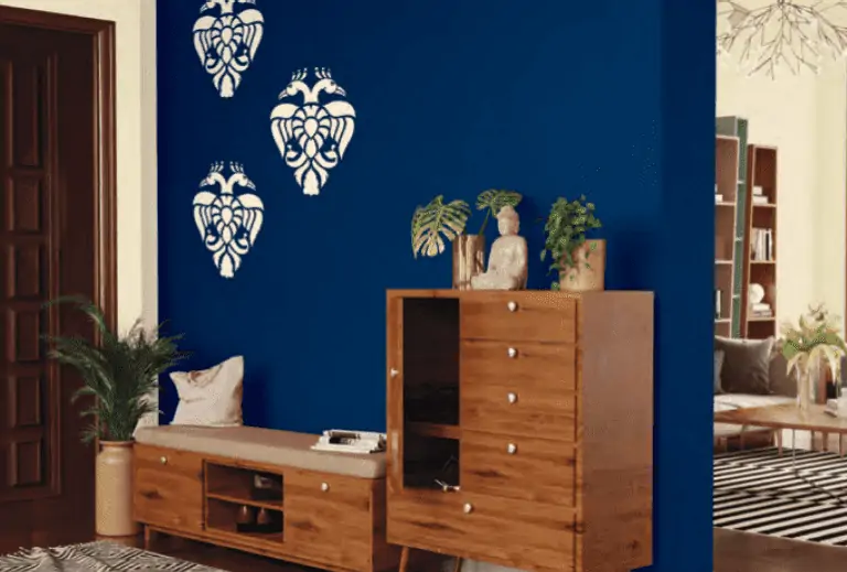 dark blue wall, furniture, plants, paint decoration companies