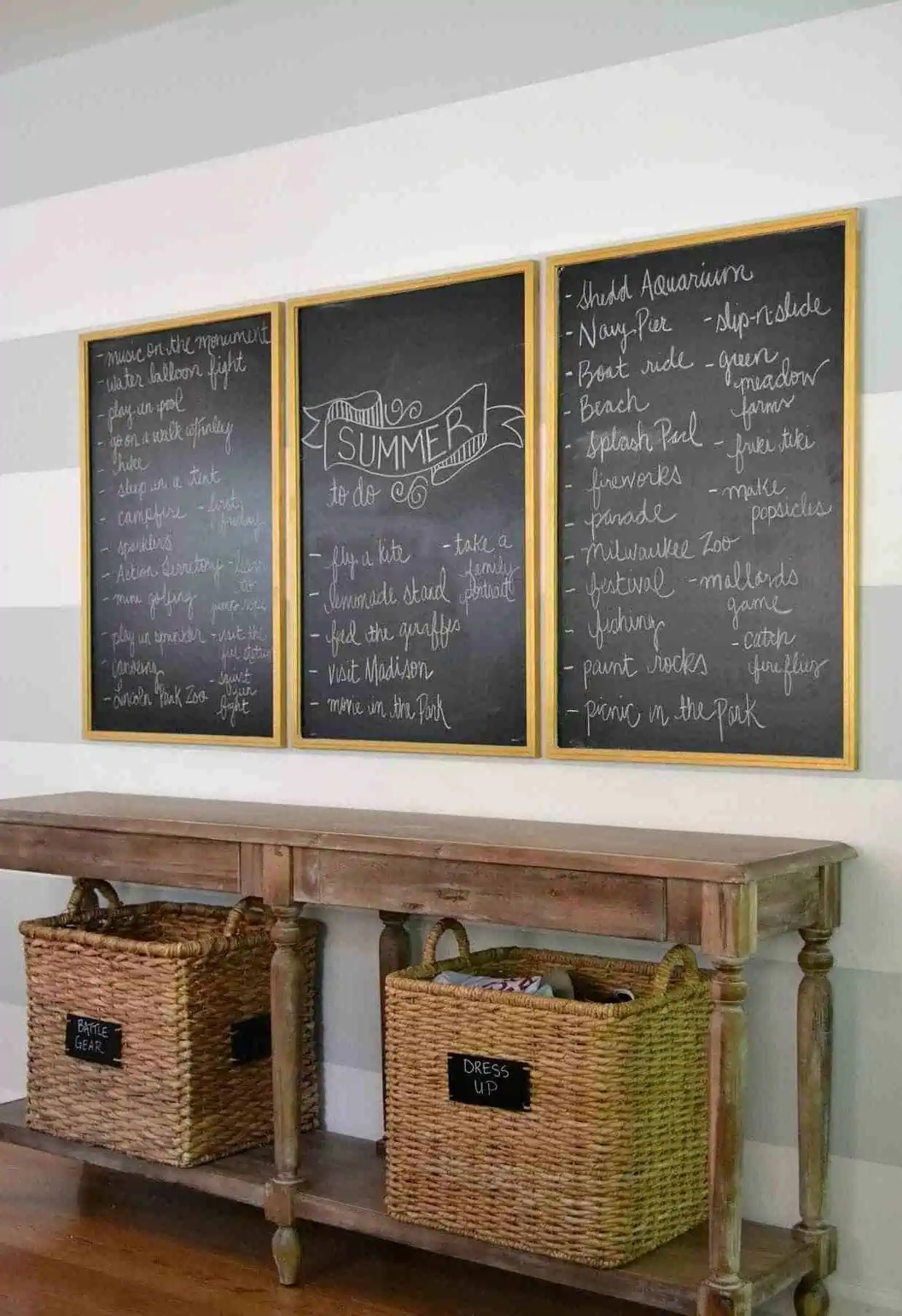 black chalkboard with brown table and wooden floors