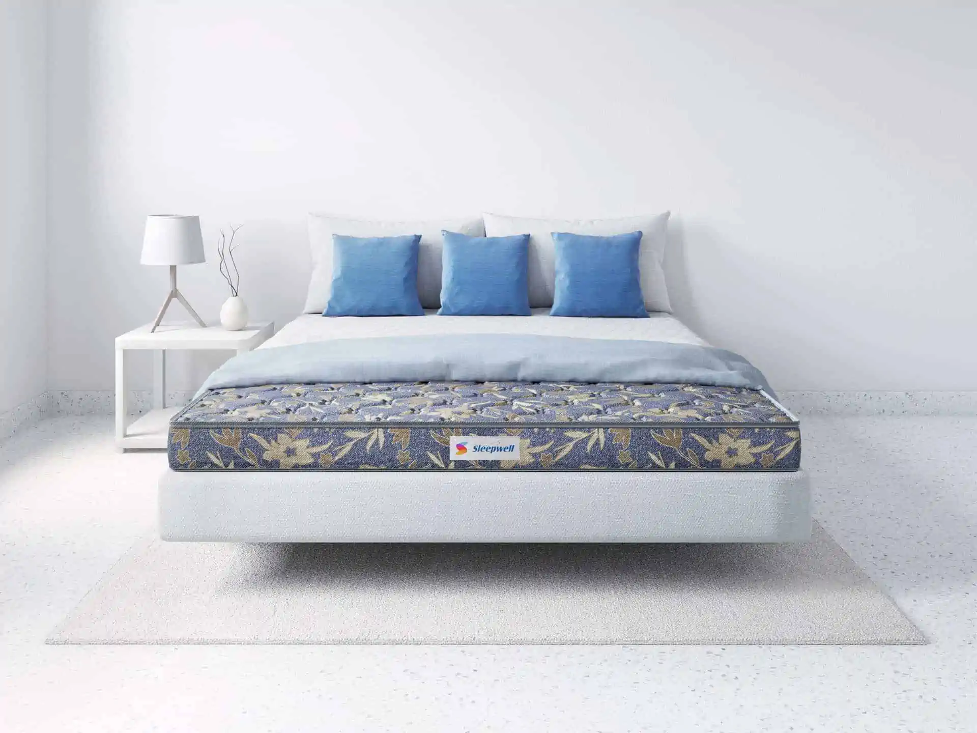 bed, blue coloured mattress, blue cushions, bedroom