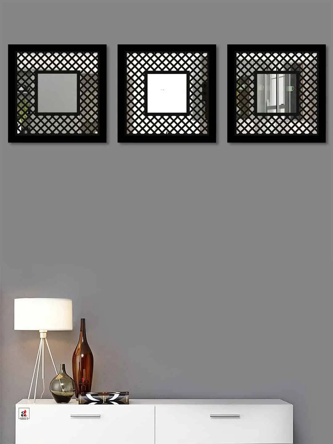Black Set of 3 Square Shaped Mirror Wall Decors