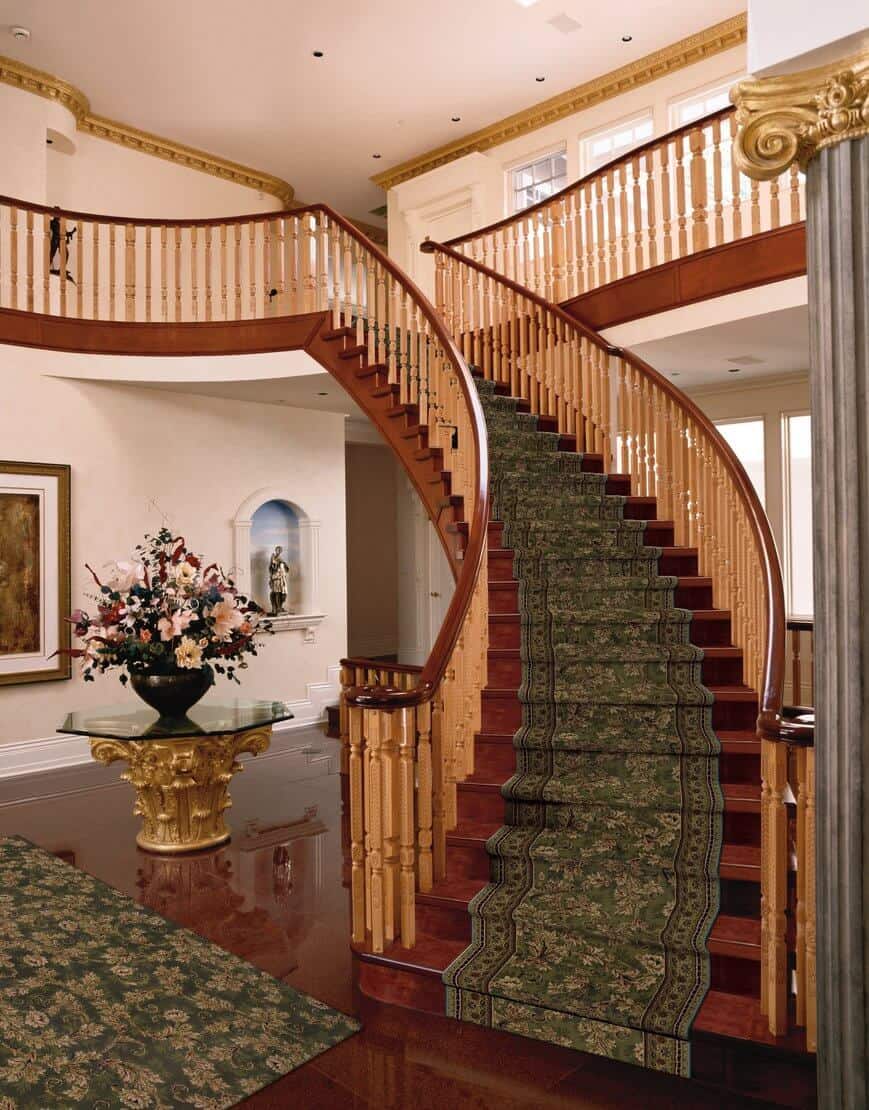 decorative stairs with rug in dark green