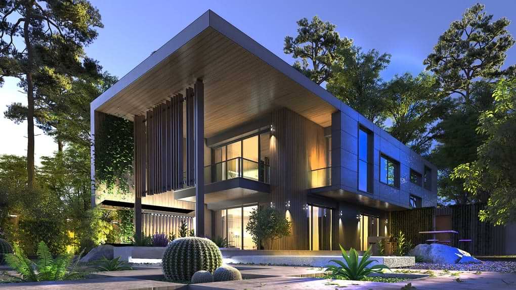 3ds max exterior of villa in grey final rendering image