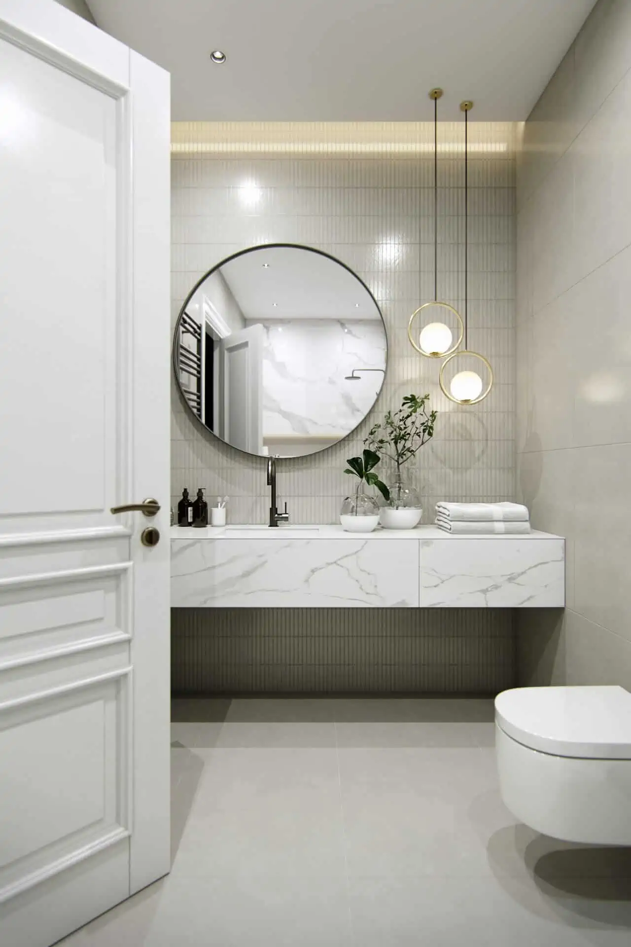 minimalistic bathroom in white counters, a mirror, lamps and washbasin design with cabinet and a mirror in hall