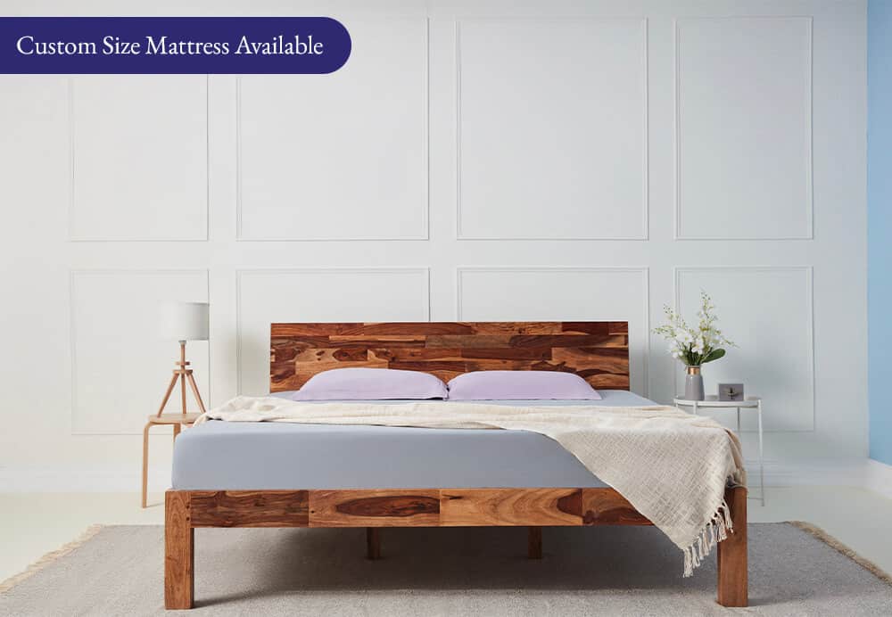 wooden bed in room, top and best quality mattress brand in India in low price, side tables, pillows