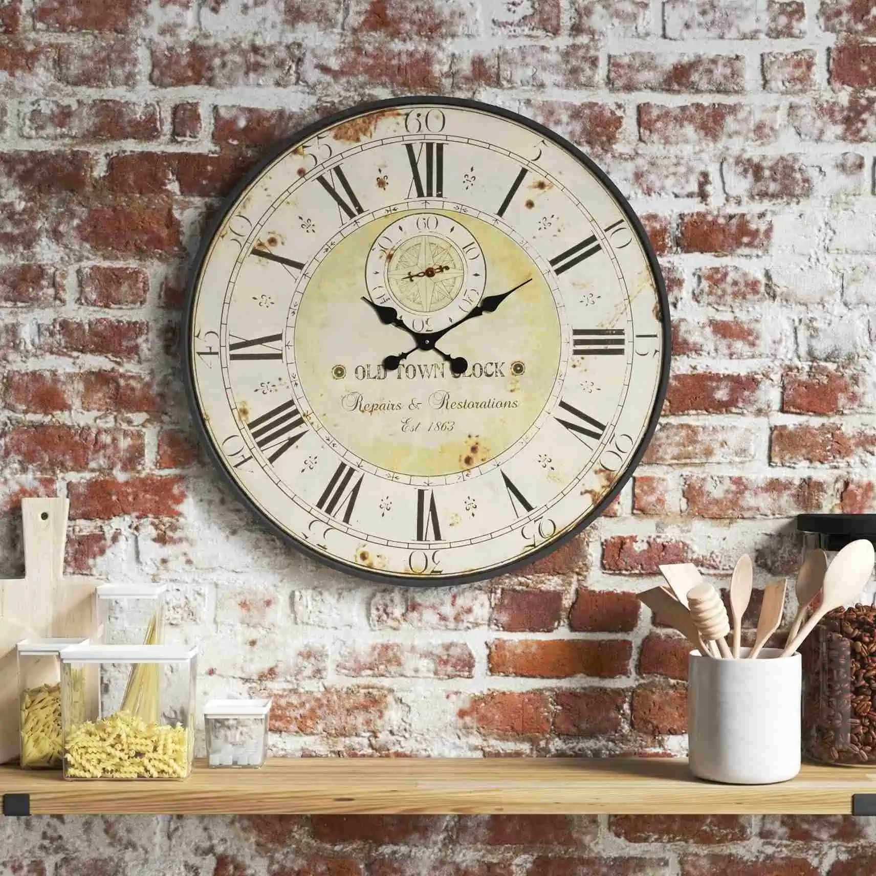 statement wall clock on a grey wall and wooden table ideas for wall decoration in living room