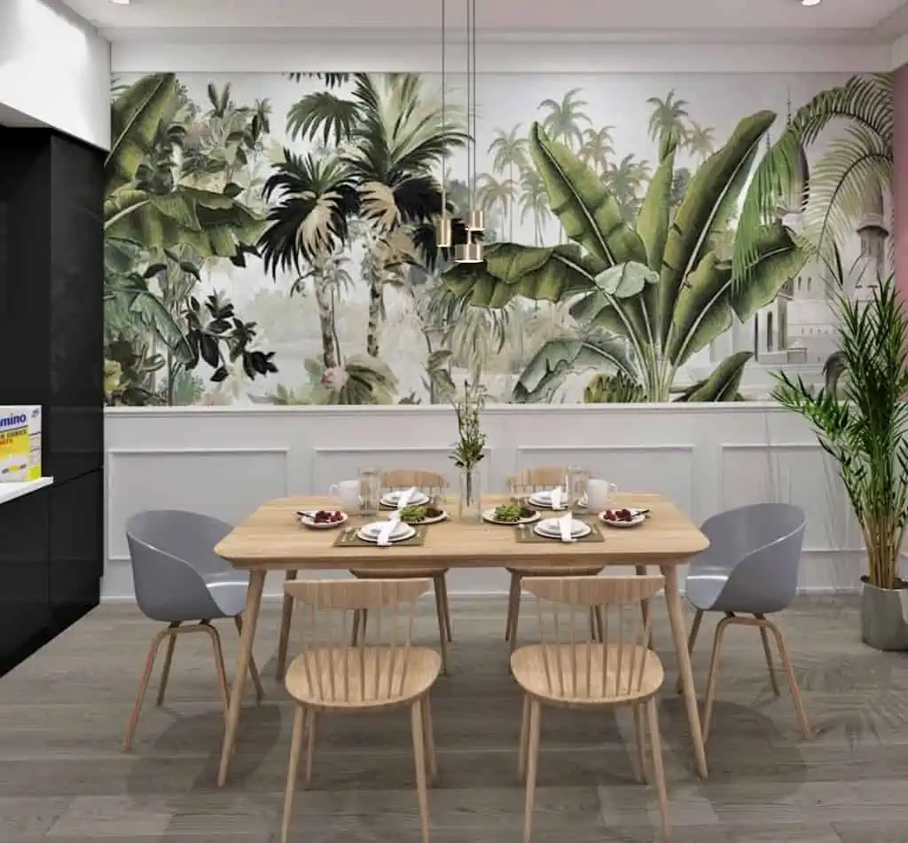tropical wall paper with green leaves in a kitchen with a wooden dining table